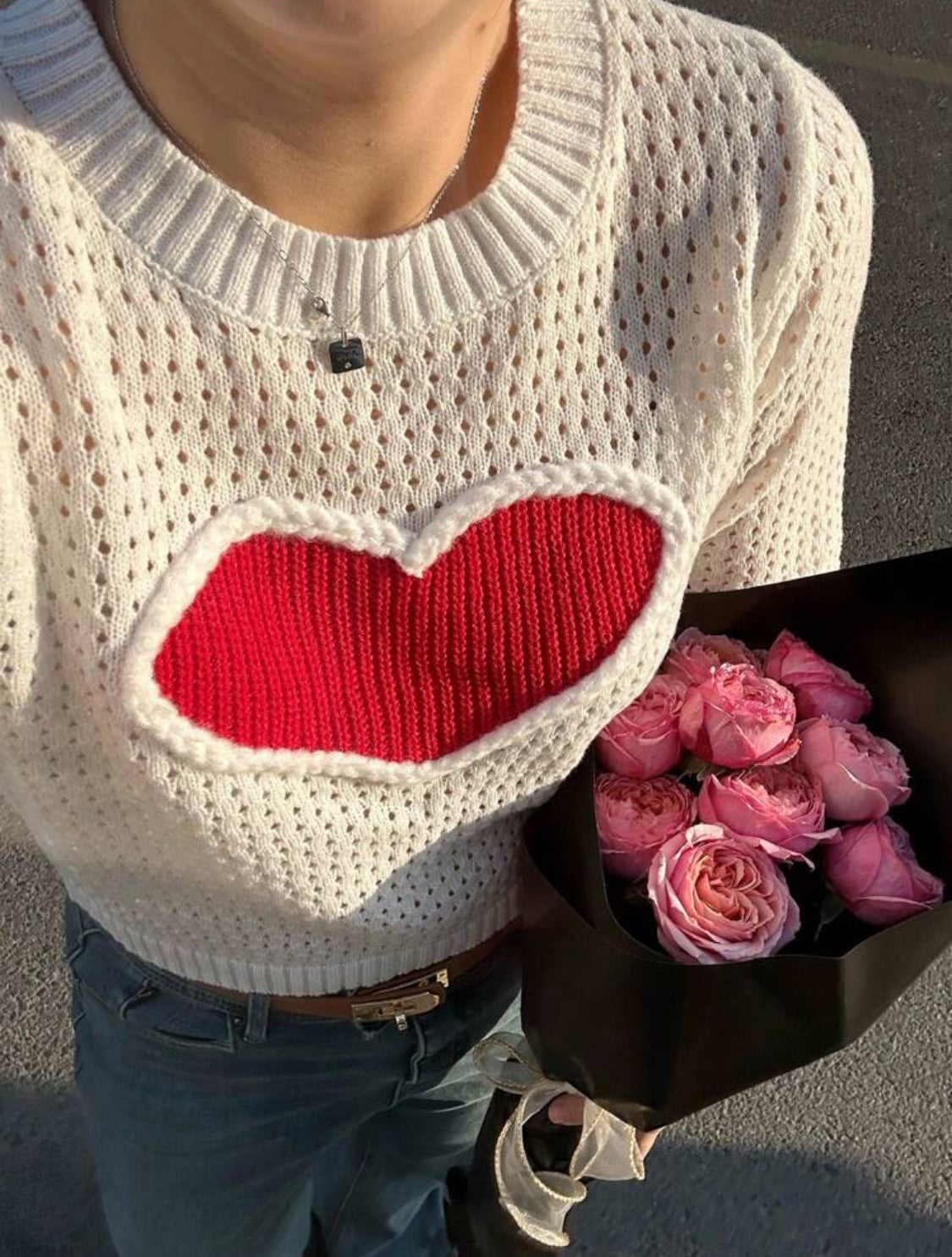 Suéter de punto calado con corazón Talla Mediana