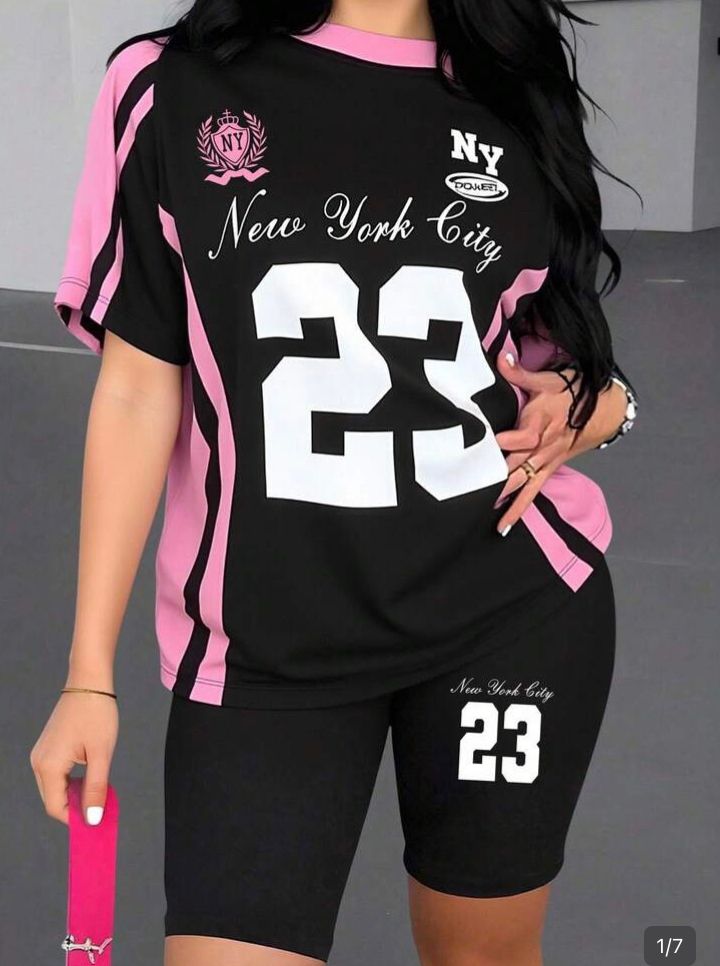 Conjunto negro/rosa, 2 piezas playera y short biker