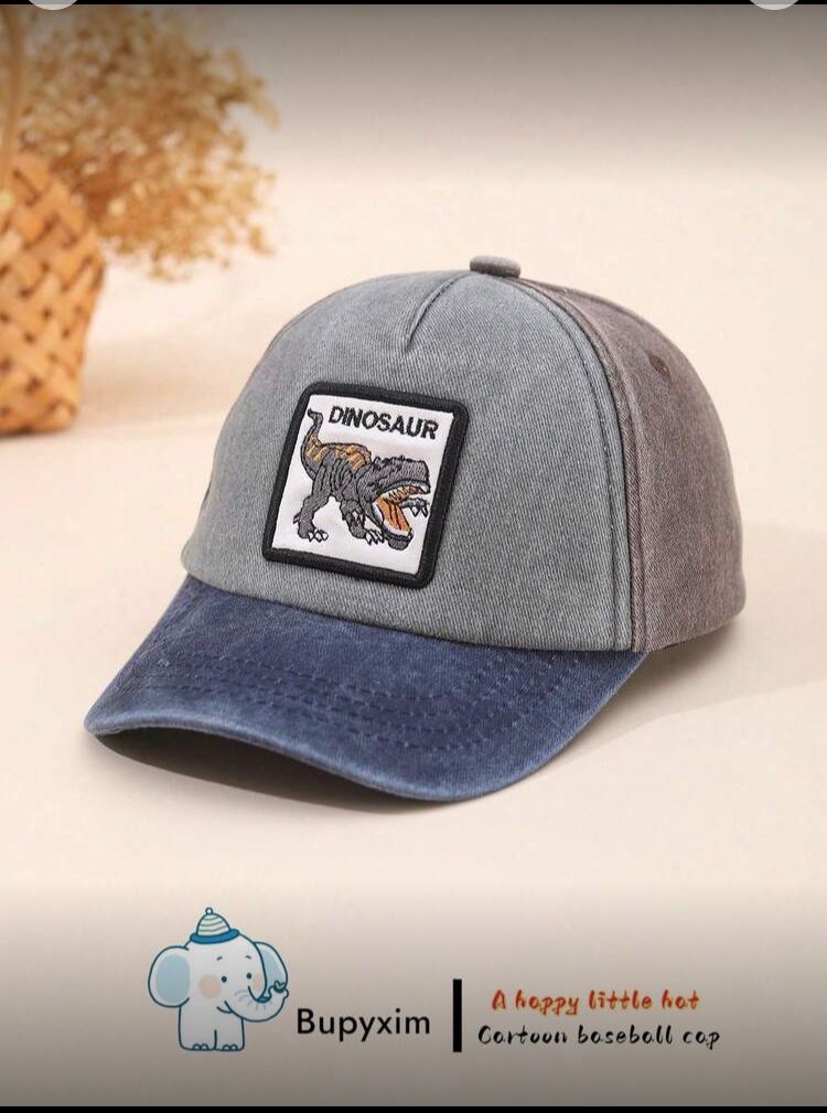 Gorra de béisbol bordada con dinosaurio para niño gris