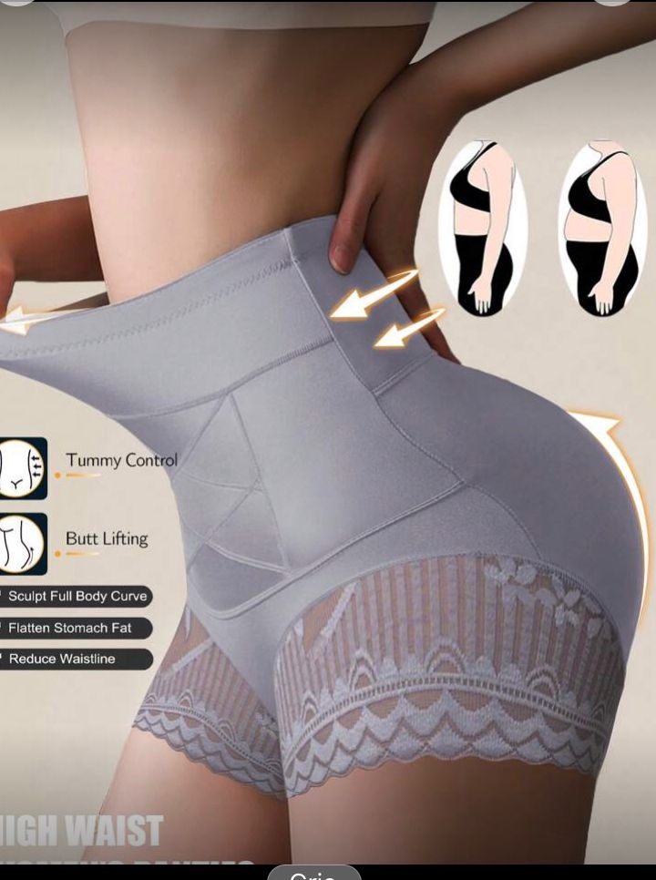 Short gris de cintura alta para control de abdomen, con detalle de encaje talla M
