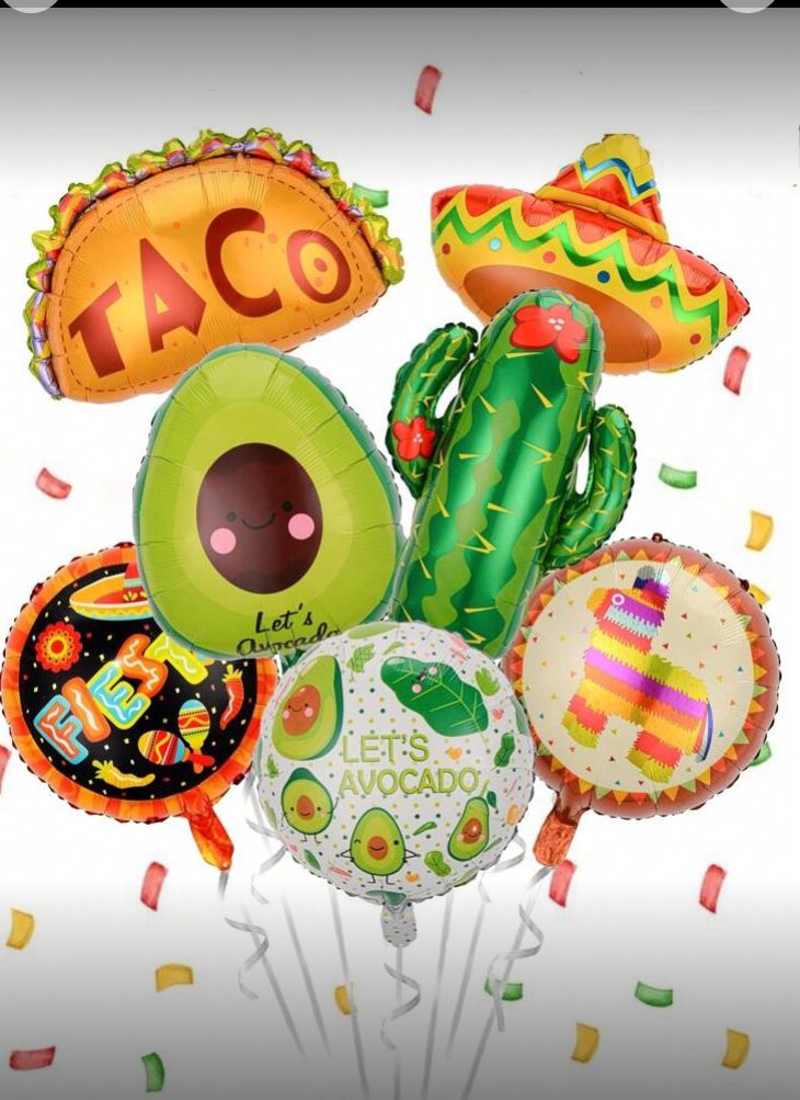 Globo de aluminio con diseño forma de taco, albahaca, cactus, multicolor