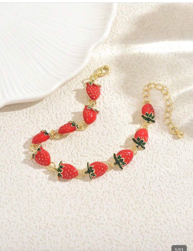 Brazalete de mujer minimalista con dije de fresas,rojo
