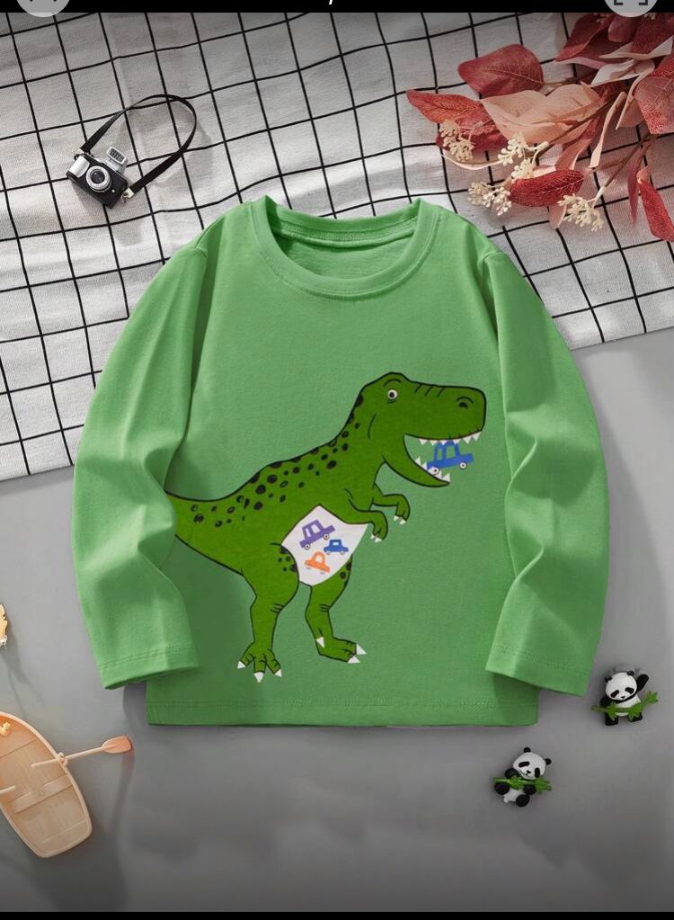 Playera infantil verde manga larga con estampado de dino, 6 Y