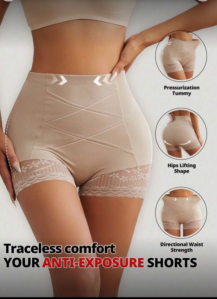 Short beige de cintura alta para control de abdomen, con detalle de encaje talla G/XL
