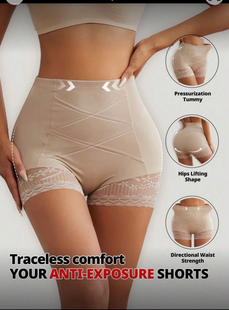 Short beige de cintura alta para control de abdomen, con detalle de encaje talla G/L