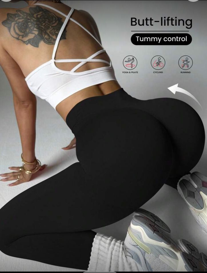 Mallas ajustadas, sin costura en cintura alta para mujer, negro, M