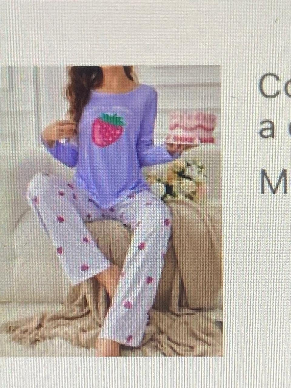 Conjunto de pijama de seda de leche con impresión de fresa, morado, M