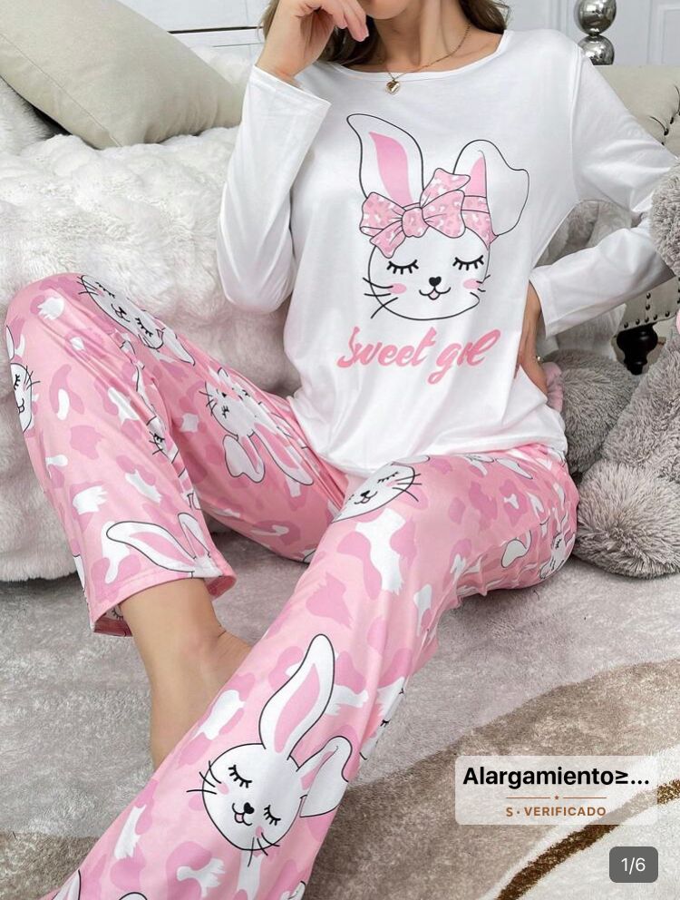 Conjunto dé pijamada de mujer con estampado de lindó conejito, multicolor, Ch / S