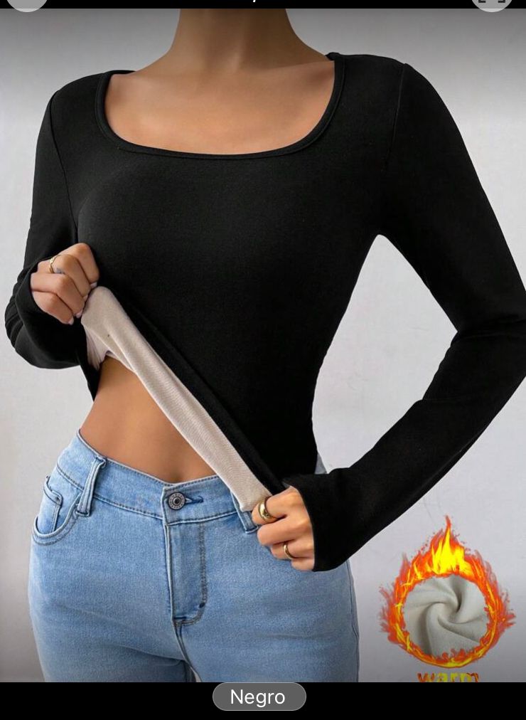 Camiseta térmica de felpa de cuello cuadrado para mujer negro,Ch / S