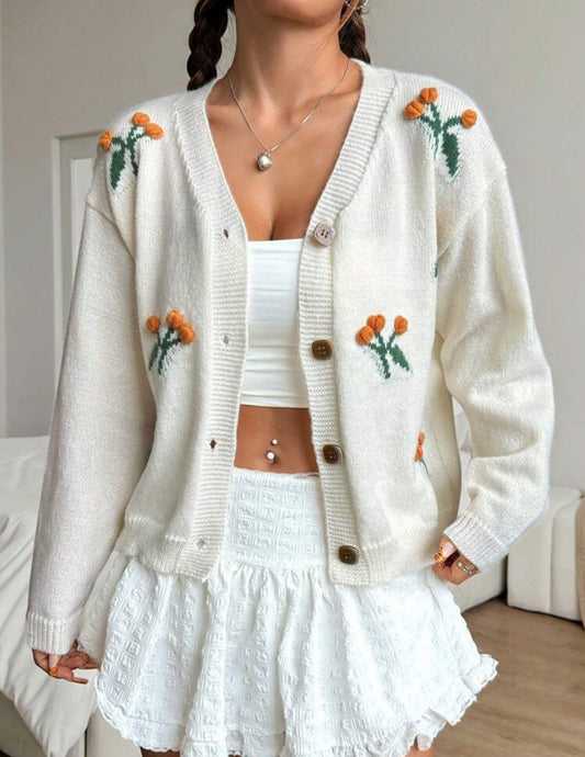 Cardigan casual con florecitas bordadas Talla Grande