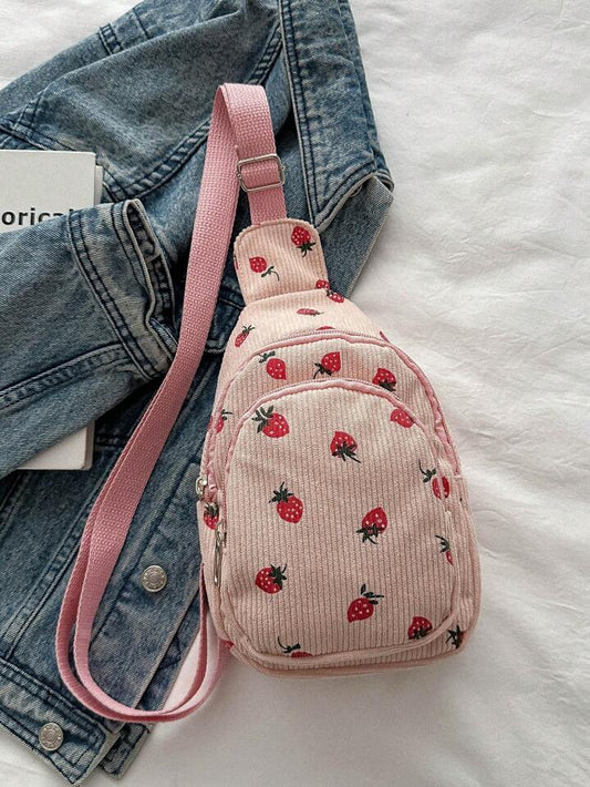 Bolso de pecho, cintura y cruzado con estampado de fresas