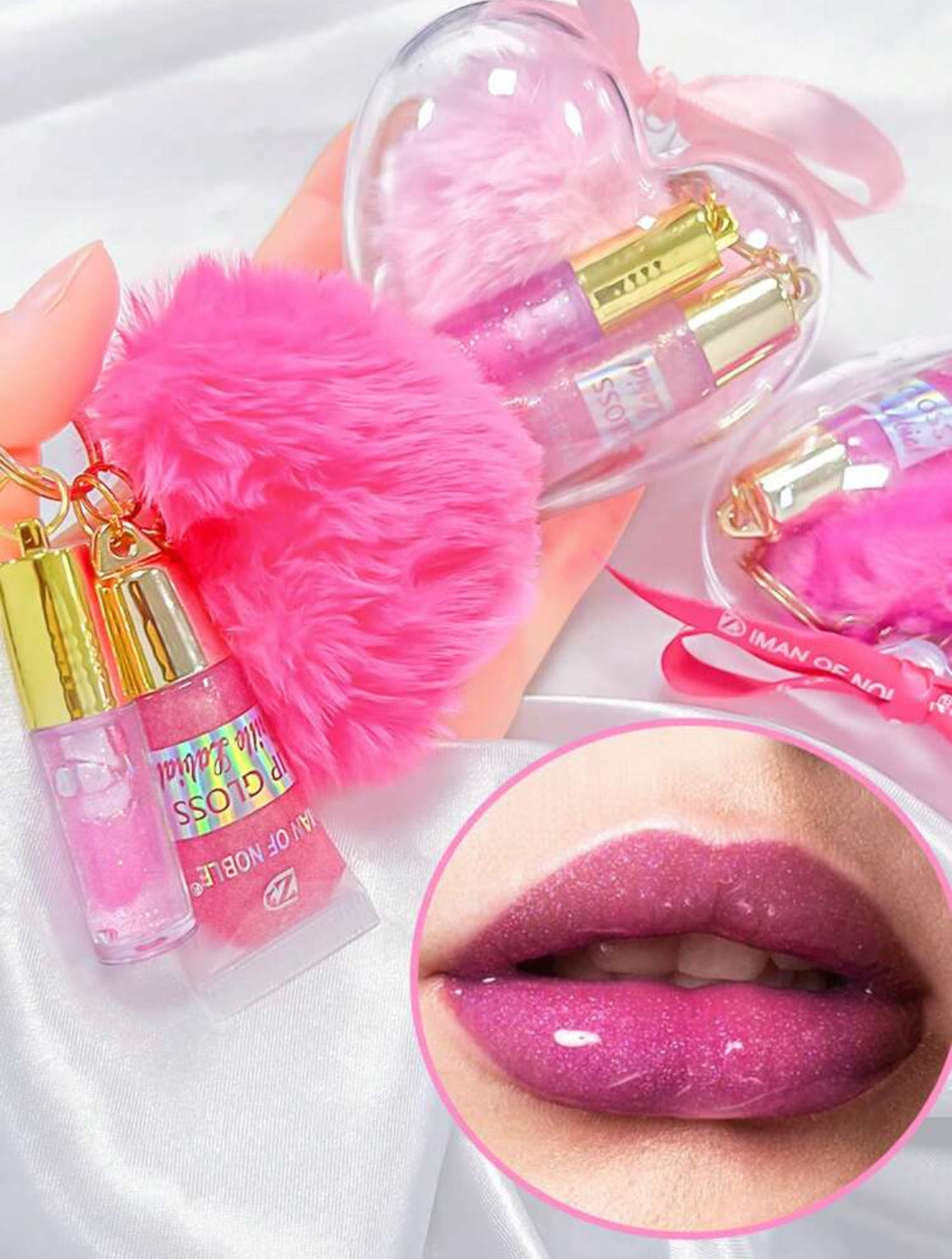 Kit Brillo labial + Lip Gloss tipo llavero con cajita en forma de corazón*