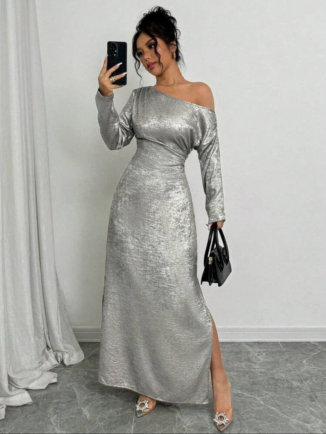 Vestido Elegante Largo Plateado Talla Grande