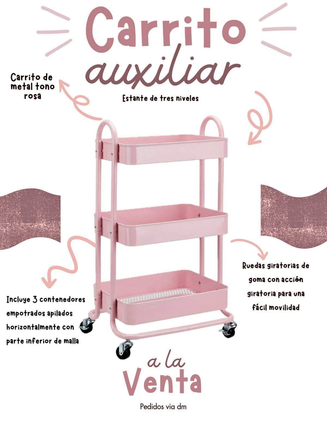 Carrito Organizador Pink de Metal 3 pisos