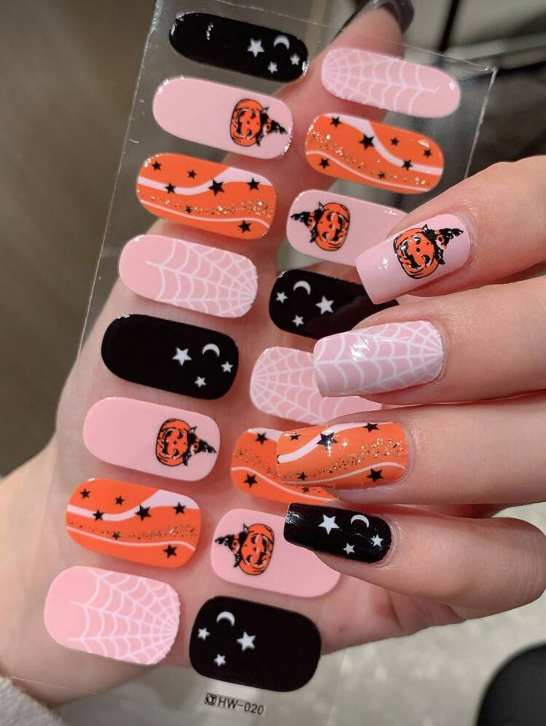 Stickers para Uñas Press On (16 pzs) 020 Calabazas Pink Halloween