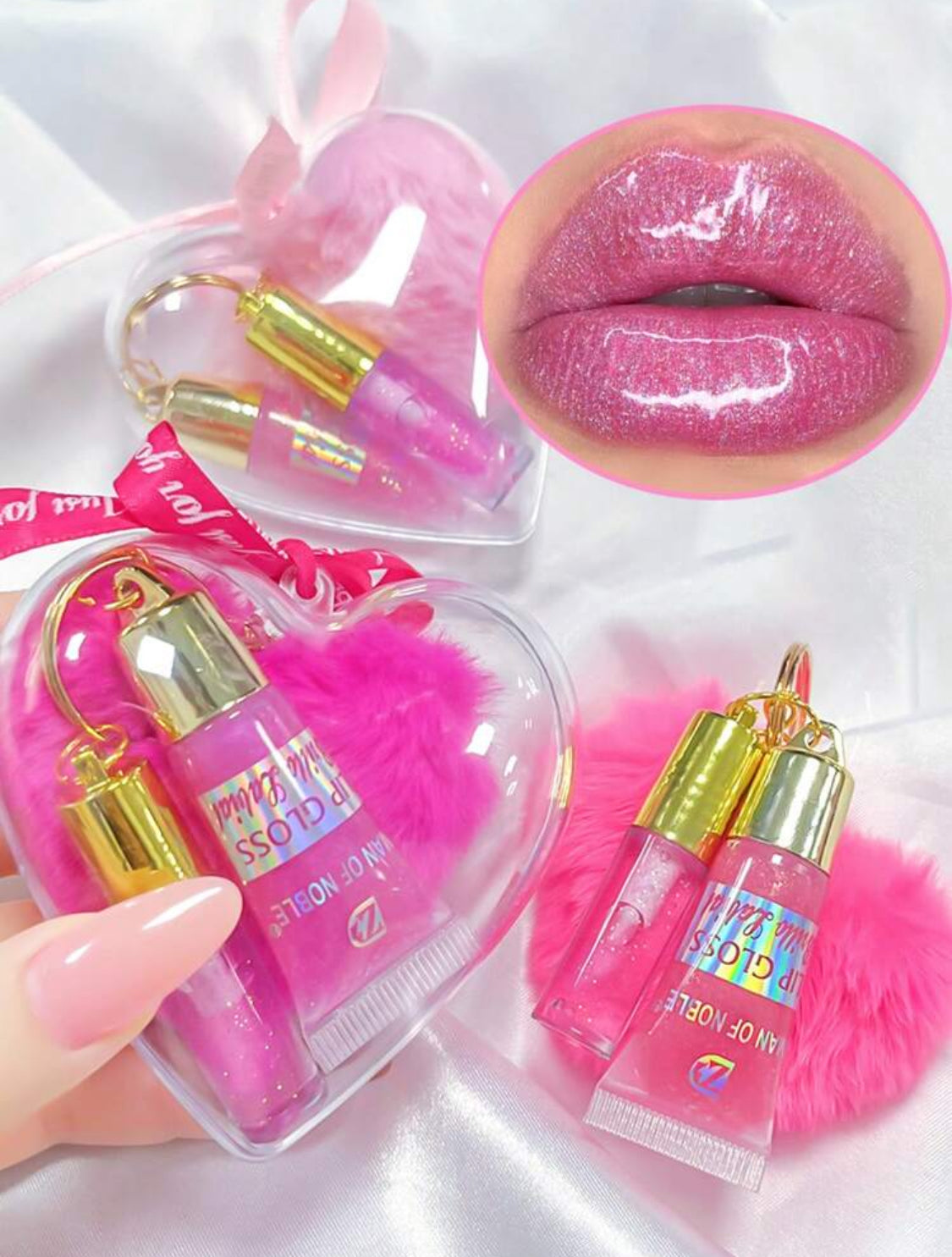 Kit Brillo labial + Lip Gloss tipo llavero con cajita en forma de corazón*