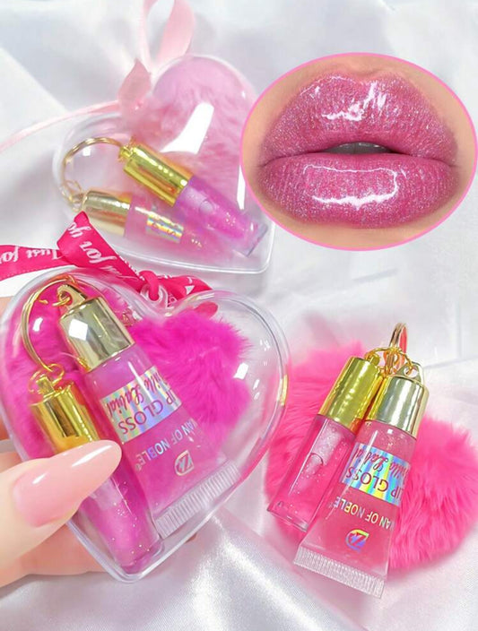 Kit Brillo labial + Lip Gloss tipo llavero con cajita en forma de corazón*