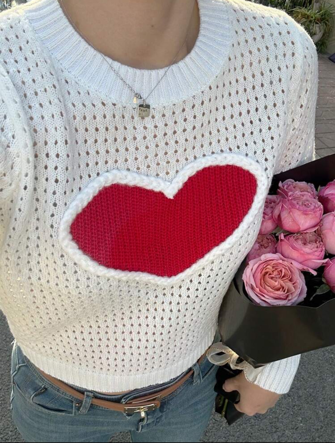 Suéter de punto calado con corazón Talla Mediana