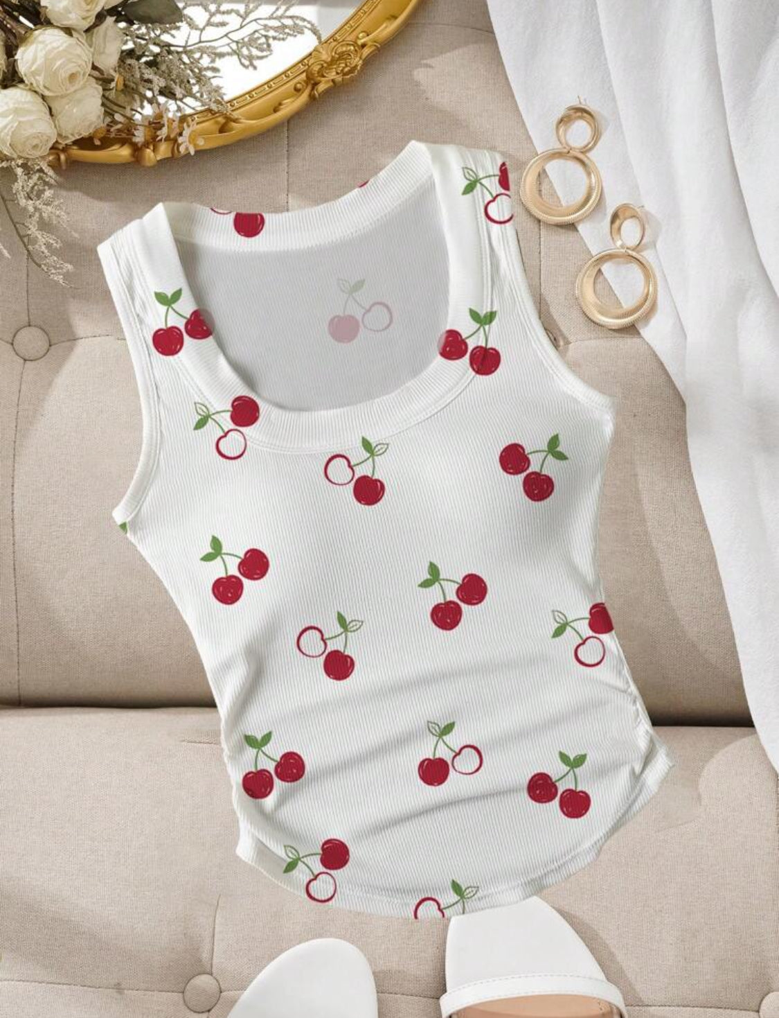 Camiseta sin mangas con cuello redondo de cerezas talla Mediana