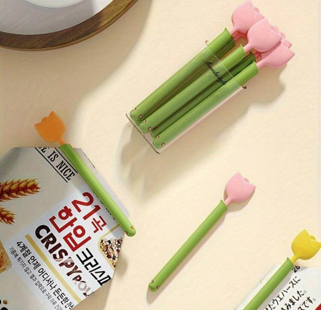 Clips para alimentos en forma de Tulipán con contenedor con imán  (5 piezas)