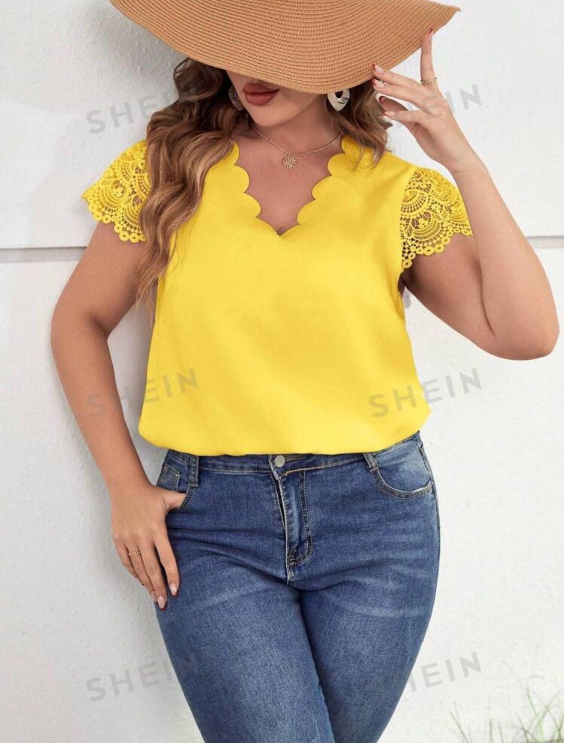 Blusa Amarilla Manga de Encaje Talla 4XL