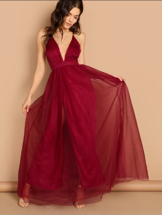 Vestido Largo Color Vino con Tirantes Talla Chica