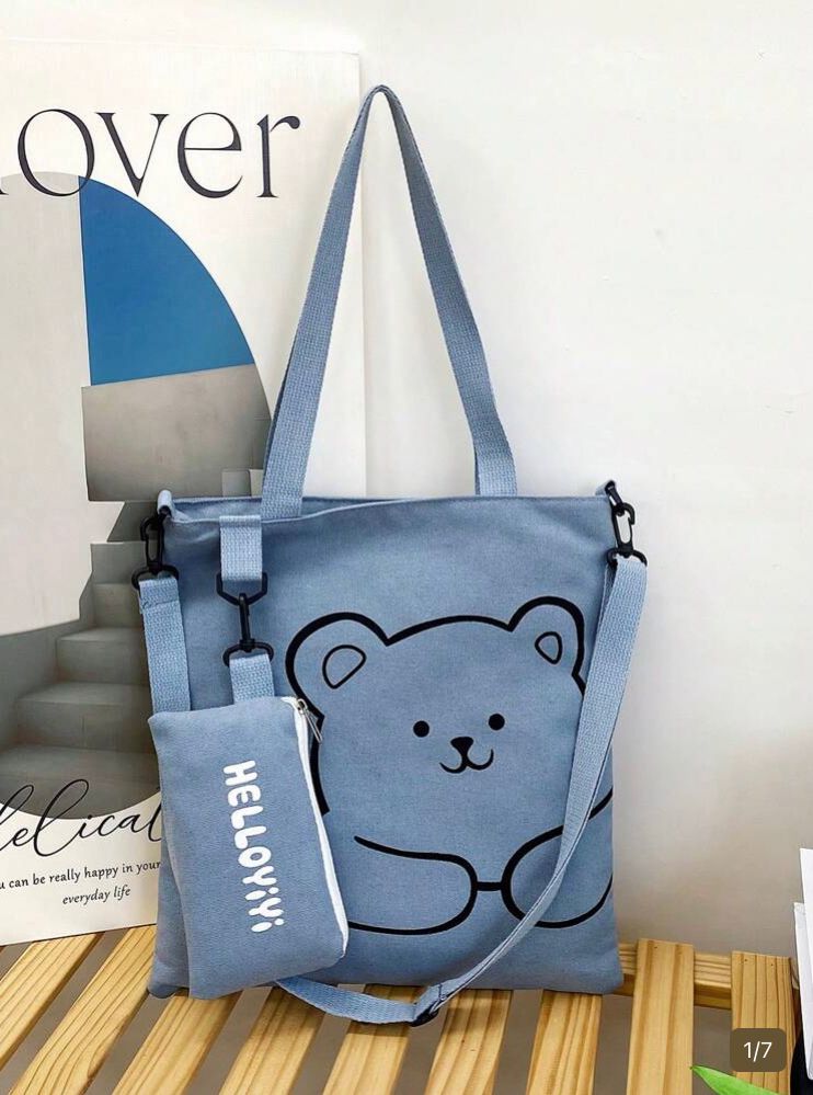 Bolsa de lona con estampado de osito (azul)