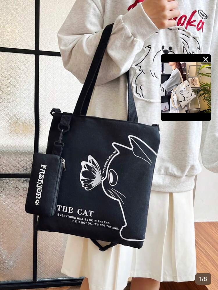 Bolsa de lona con estampado de michi (negra)