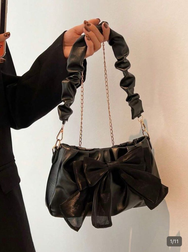 Bolso hombro c/ cadena plisada decoración moño (negro)