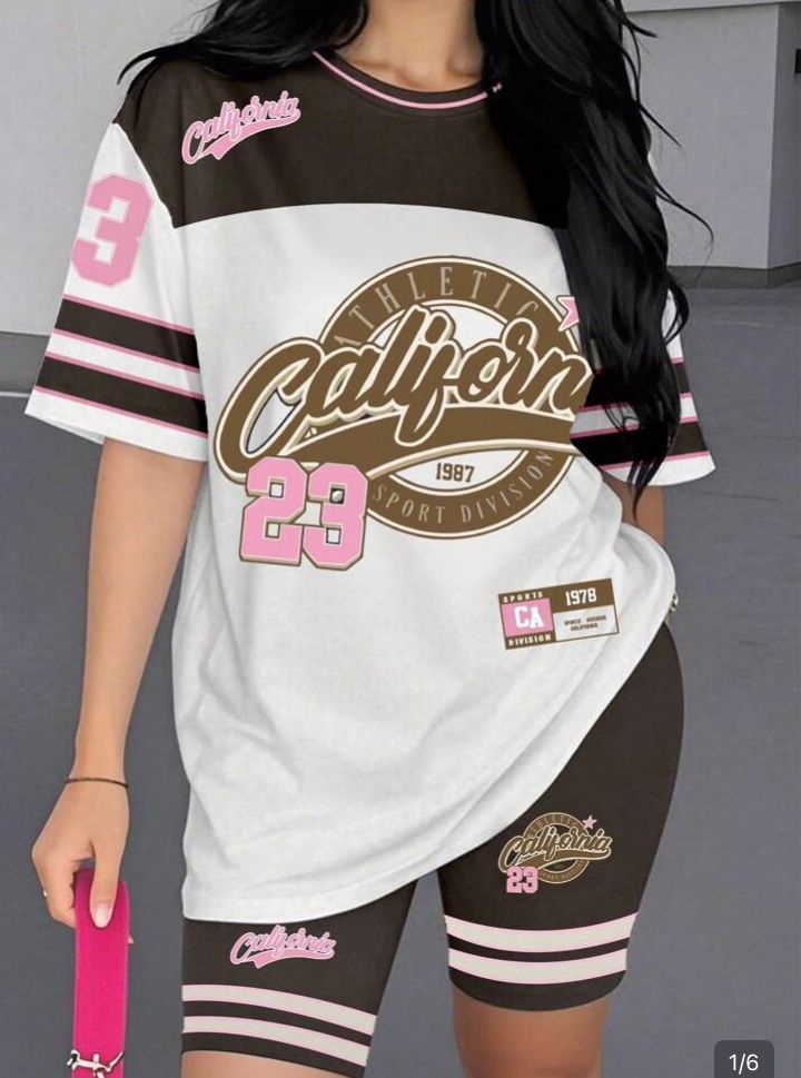 Conjunto cafe/beige, 2 piezas playera y short biker