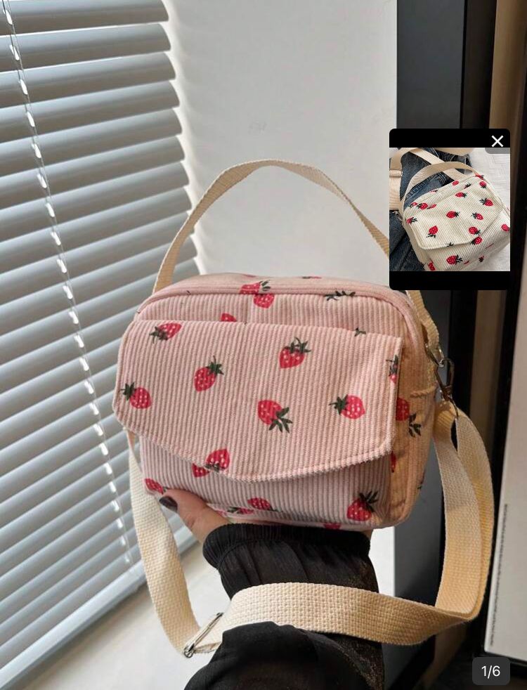Bolso de mano minimalista con estampado fresas ,rosa