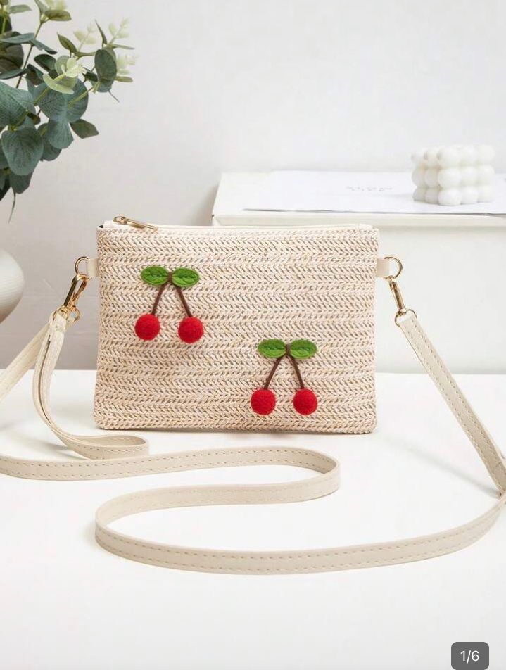 Bolso cruzado versátil con diseño de cereza nueva, beige