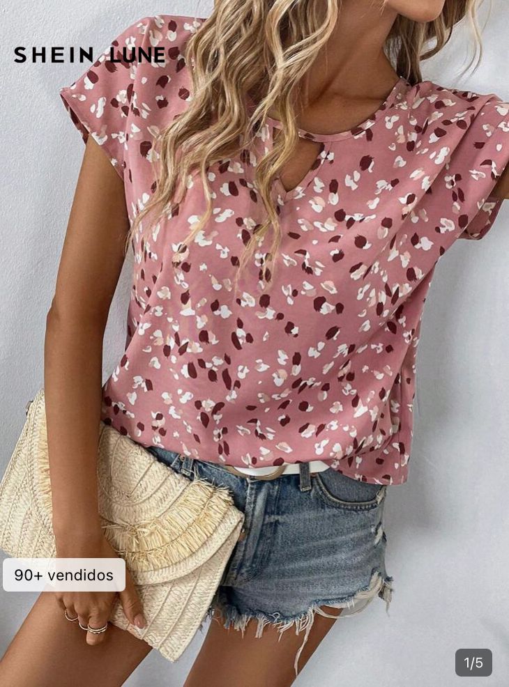 Camisa casual de mujer con cuello redondo, L rosa