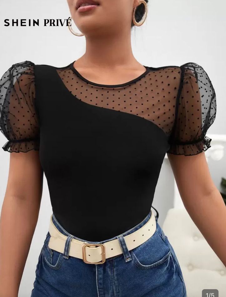 Camiseta con malla jagcard en contraste de mangas ,negro, M