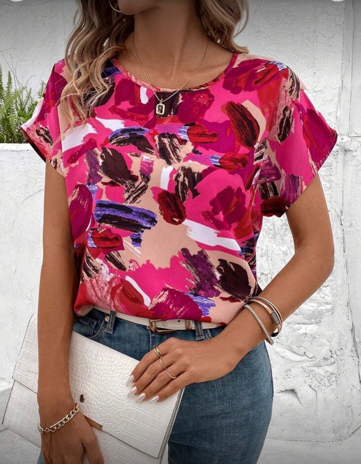 Blusa de mujer con mangas de murciélago, rosa variado, L