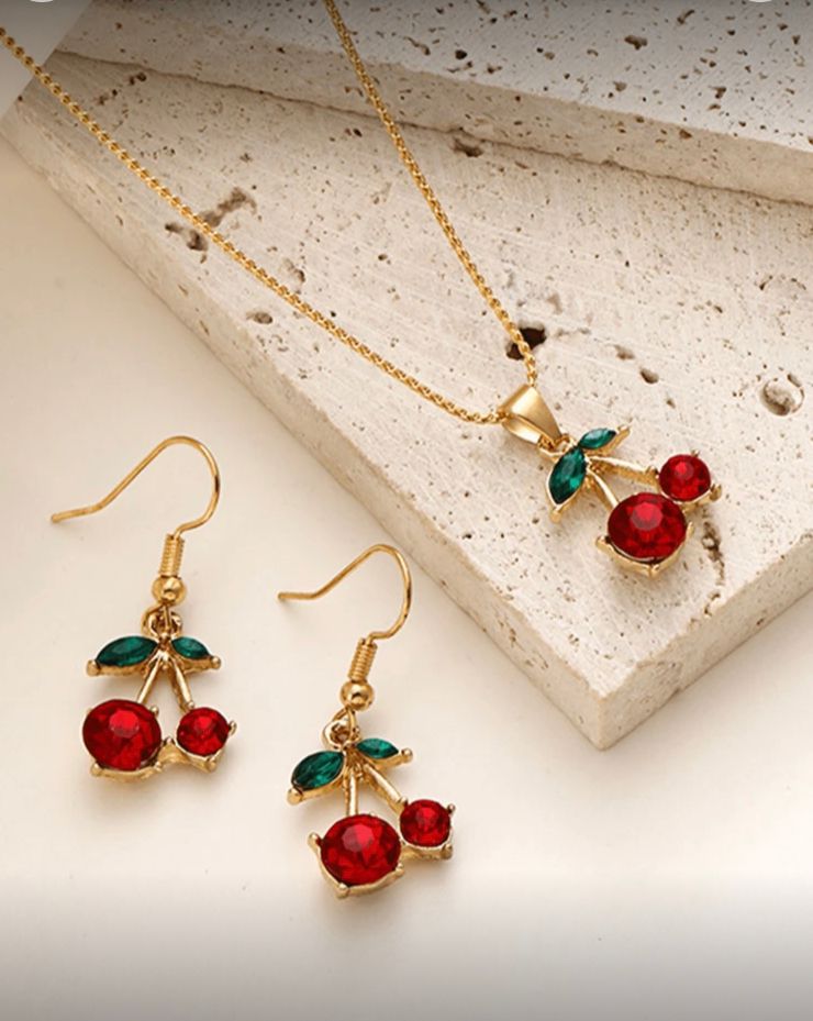 Set de collar y aretes de cereza estilo dulce para mujer  oro B