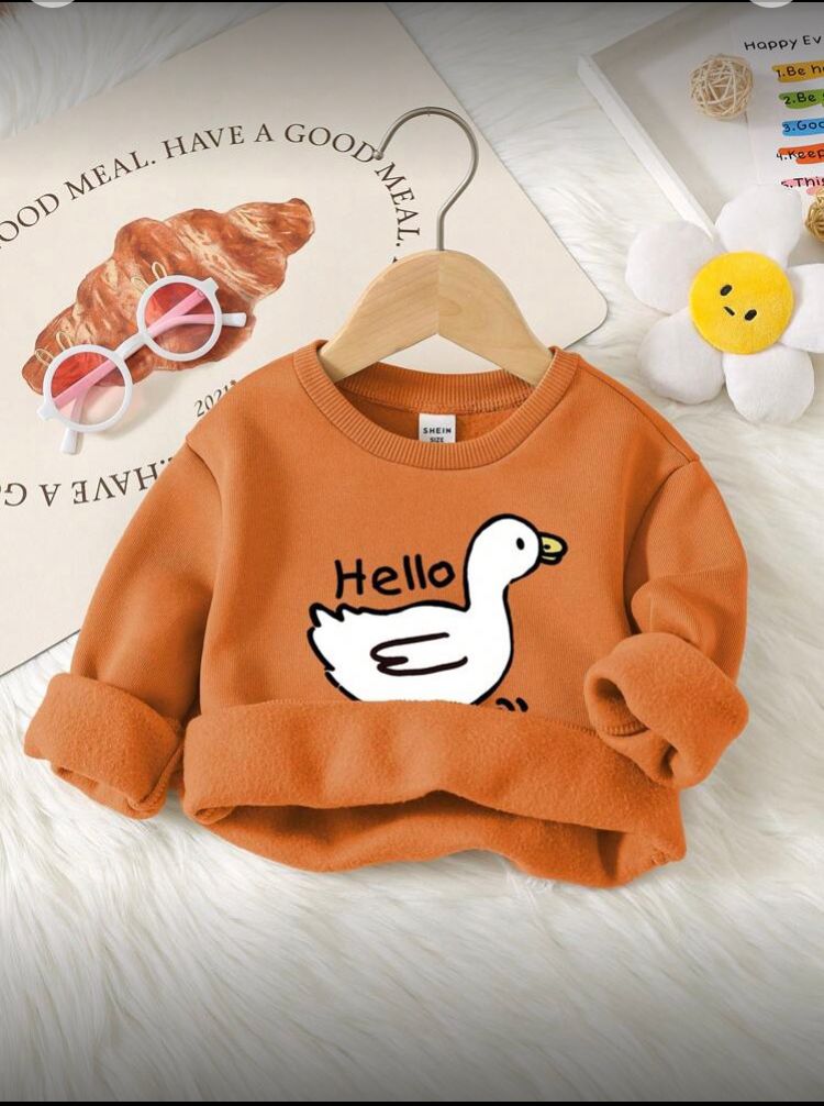 Suéter infantil naranja con cuello redondo y estampado de pato,2-3y