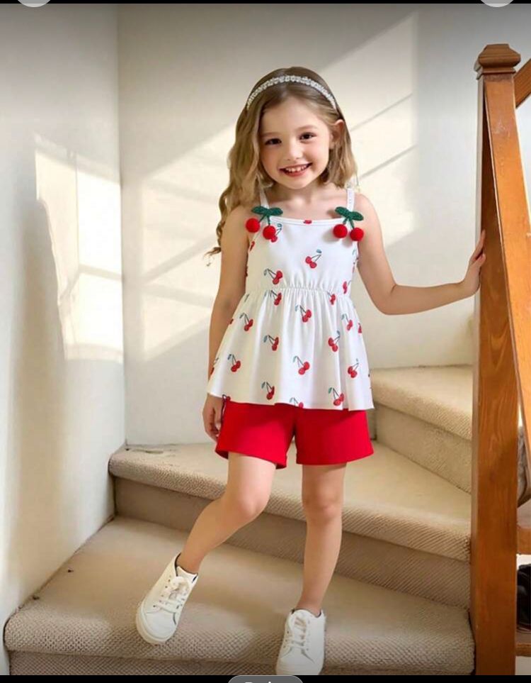 Conjunto infantil 2 piezas, blusa cerezas+short rojo, 6Y