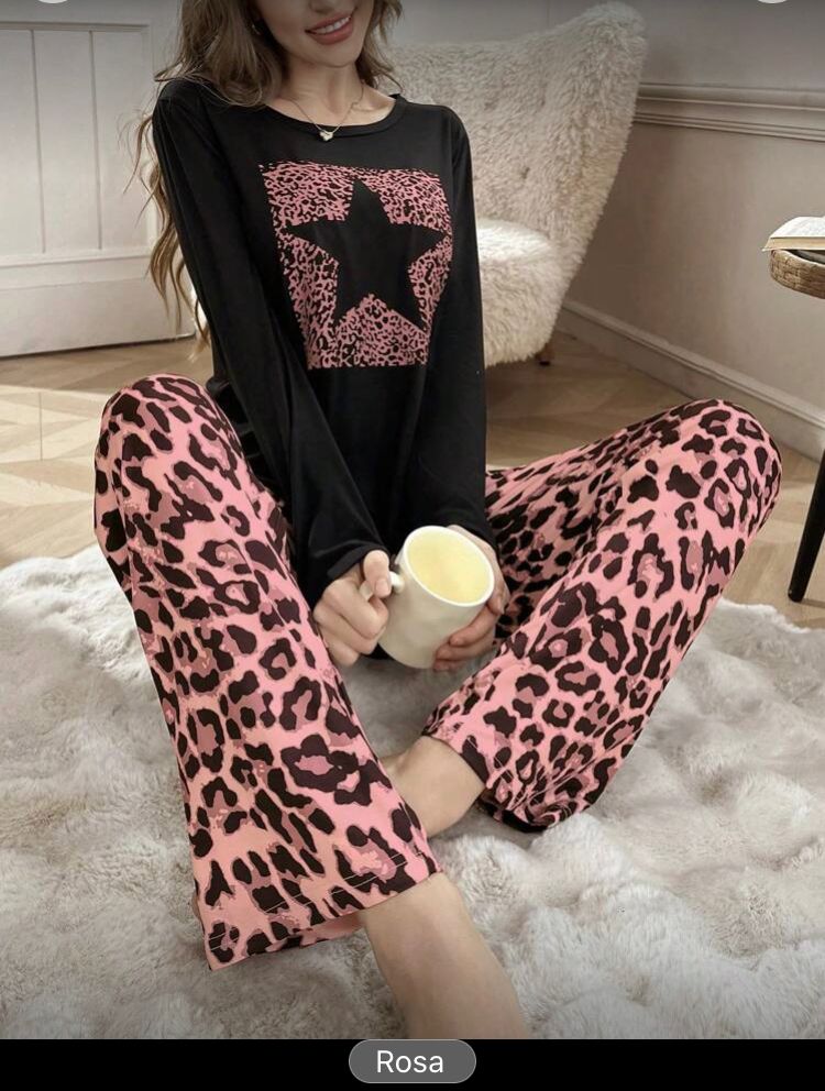 Conjunto de pijama casual de mujer, estampado de leopardo, rosa , M
