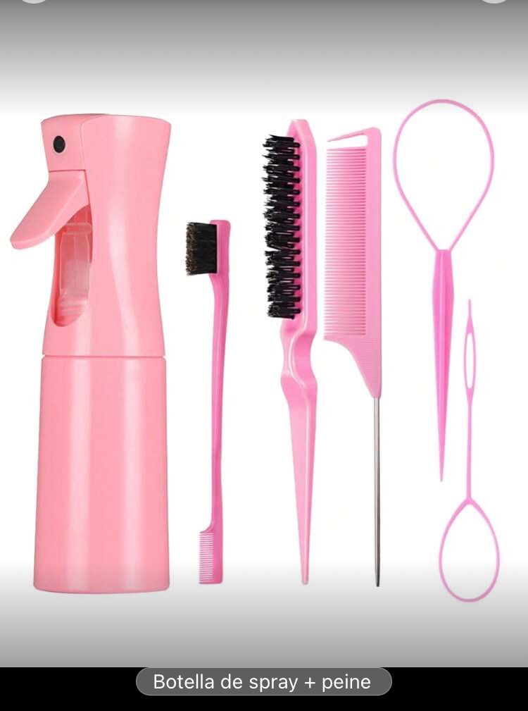 Set de 6 peines para peinados, con botella de spray, rosa
