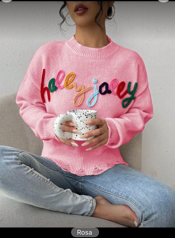Siete roja casual de mujer con estampado de letras, mangas LARGAS, ROSA, G  L