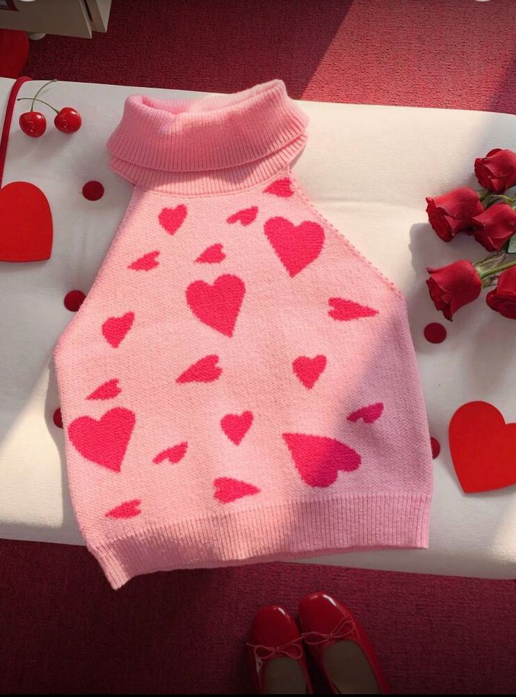 Suéter de cuello alto con estampado de corazones, rosa, Ch / S