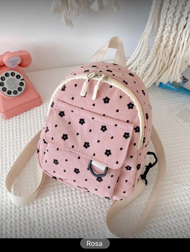 Mochila de pana suave y dulce gran capacidad con estampado de flores negras, Rosa