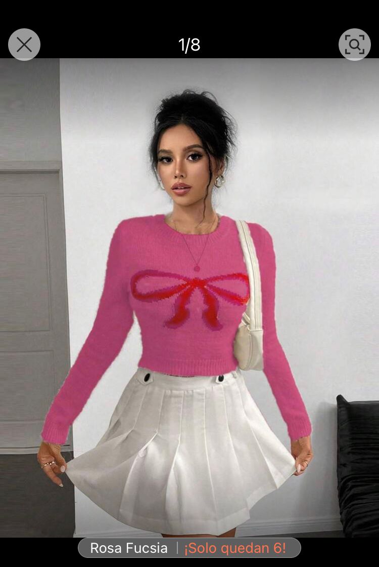 Suéter de punto ajustado de manga larga cuello redondo con estampado moño  rosa, fucsia, Ch-S