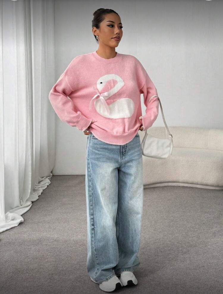 Suéter para mujer casual de punto con estampado de cisne rosa, Ch/S